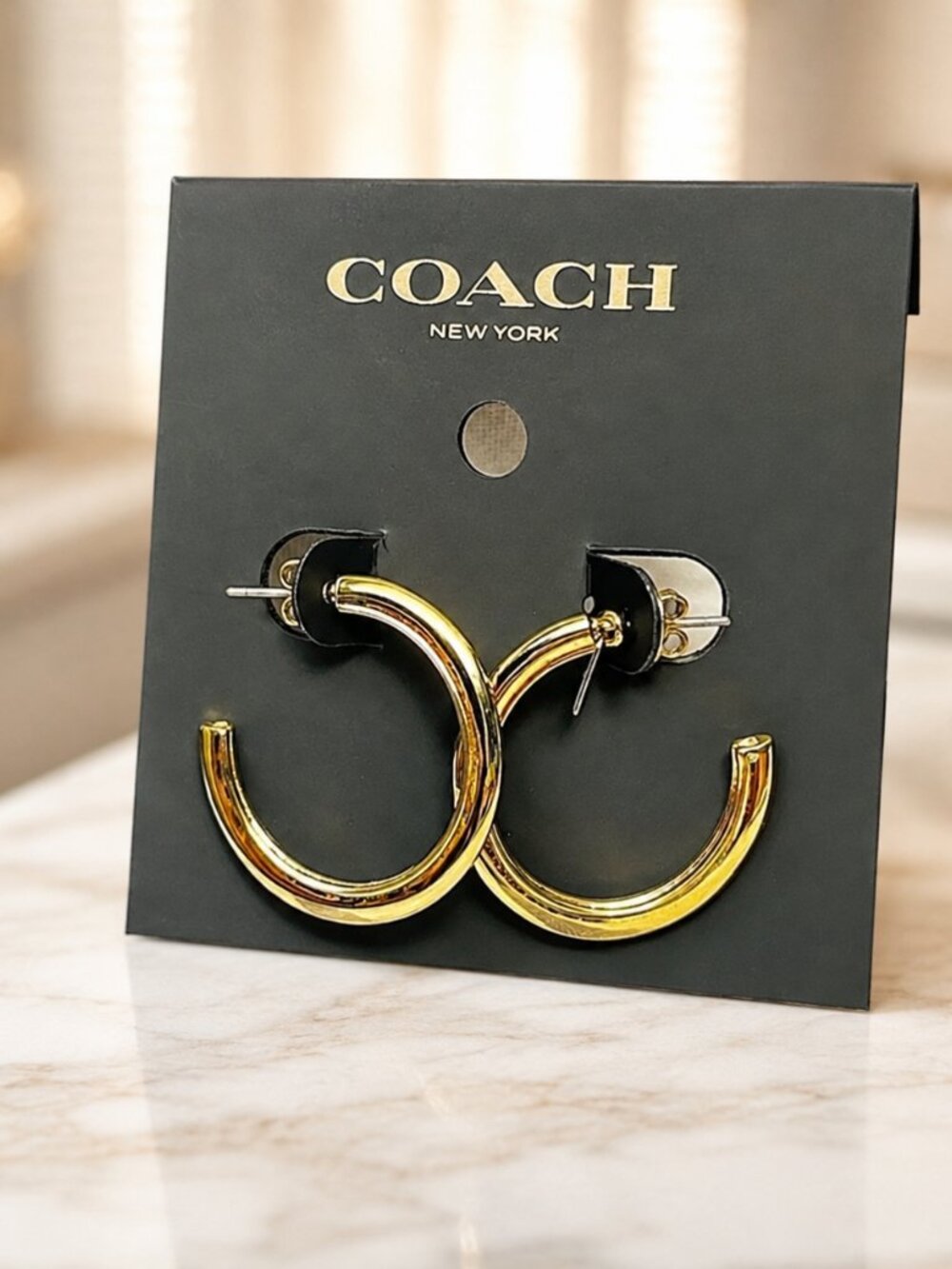 Coach Gold-Tone Medium Hoop Earrings Polished Classic Jewelry NWT - Picture 2 of 3